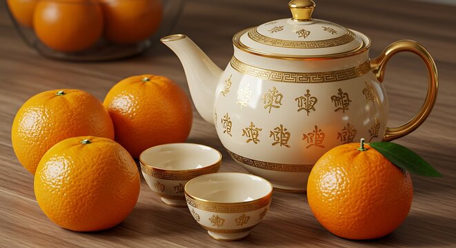Elegant Traditional Chinese Tea Set with Gold Patterns, Accented by Fresh Oranges and Tangerines