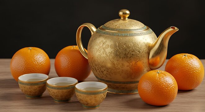 Elegant Traditional Chinese Tea Set with Gold Patterns, Accented by Fresh Oranges and Tangerines
