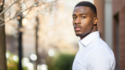 Fototapeta premium Young African American professional in white collar shirt. Perfect for corporate leadership, executive portraits, or business excellence.