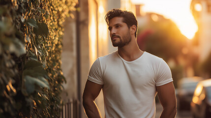 Athletic man in white t-shirt at sunset. Ideal for urban lifestyle, casual fashion, or fitness content.