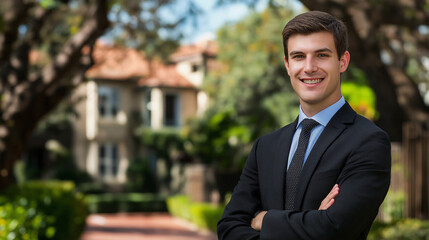 Young business professional in suit on campus grounds. Suitable for education management, academic leadership, or professional development.