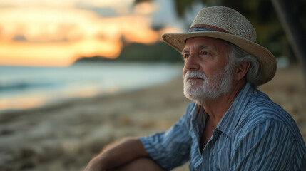 Senior man at beach during sunset. Perfect for retirement lifestyle, coastal living, or peaceful aging concepts.