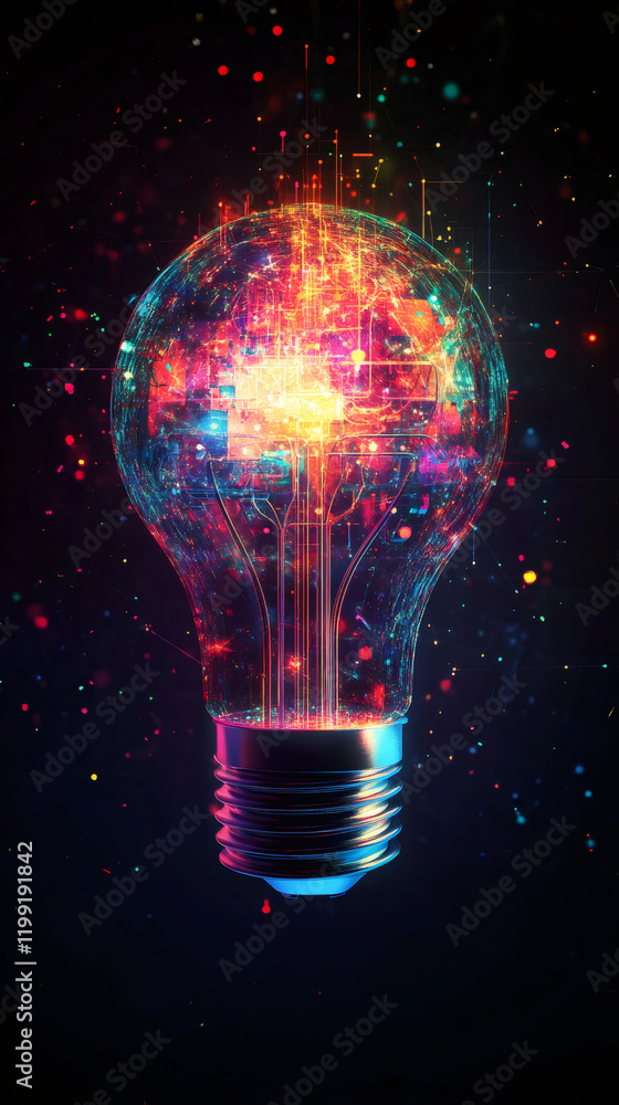 Aufkleber futuristic light bulb with glowing wires and colorful particles is representing innovation, technolo