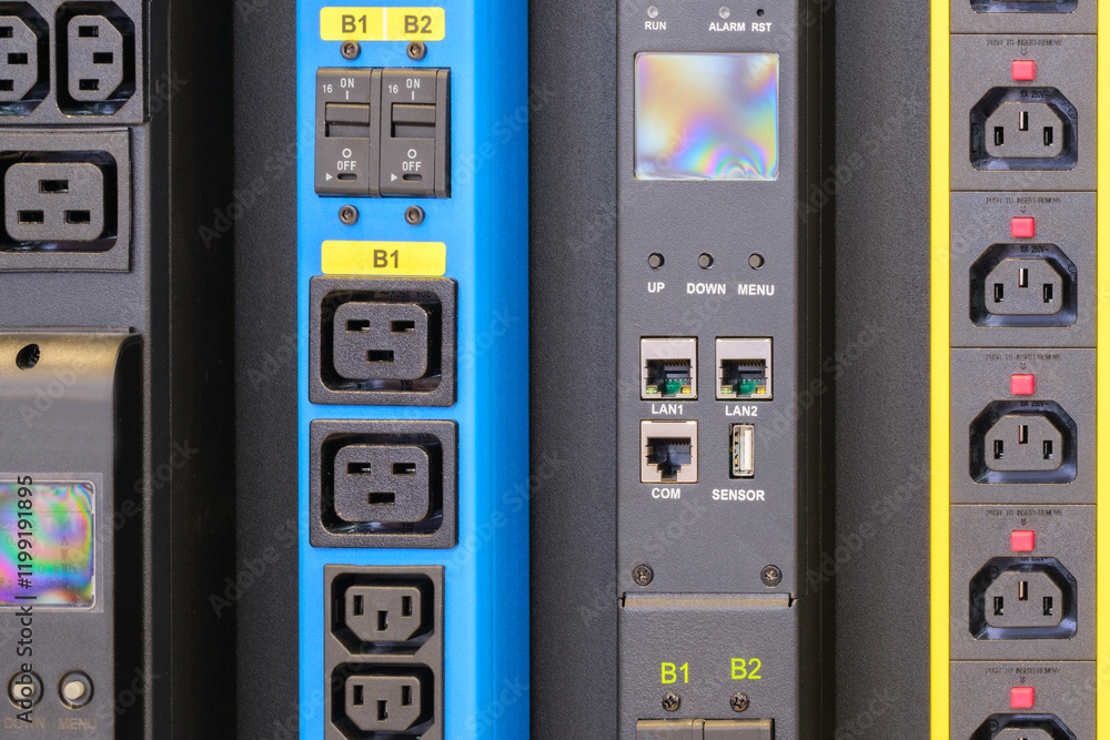 Poster a row of electrical outlets with a blue and yellow strip on the side.