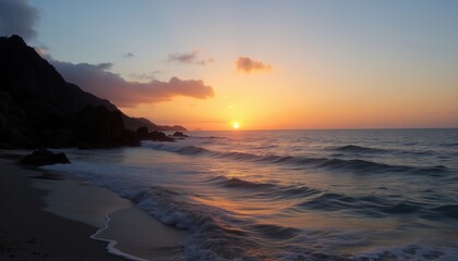 Obraz premium Golden sunset over ocean waves and beach