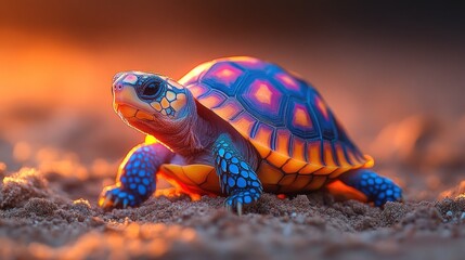 Fototapeta premium Vibrant turtle, sunset, sandy ground.