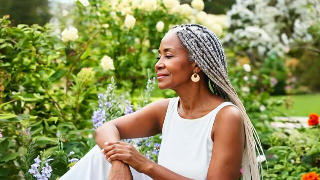Serene contemplation in blooming garden: Black elderly woman in meditation amidst vibrant nature