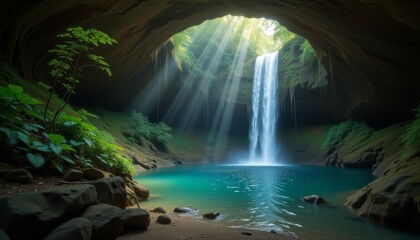 Hidden waterfall in tropical cave with sun rays
