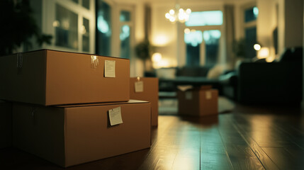 Cardboard boxes of various sizes, all neatly labeled and organized with sticky notes, sit on a wooden floor under a glowing chandelier in the living room.