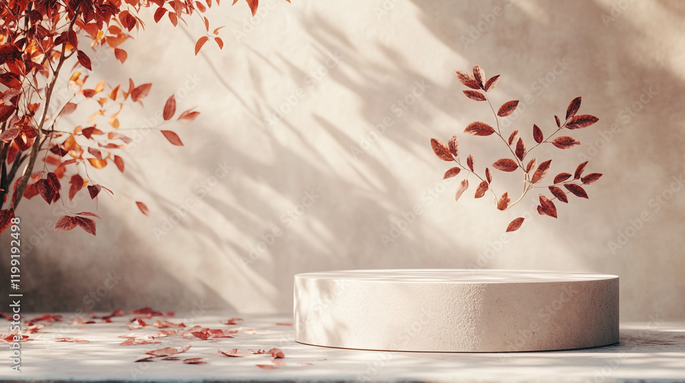 Aufkleber elegant display with autumn leaves and soft shadows against a textured background