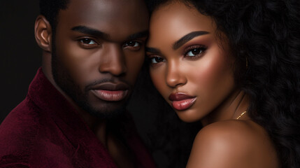Elegant African American couple in dramatic lighting. Ideal for luxury fashion, high-end lifestyle, or romantic sophistication.