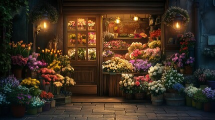 A quaint flower shop tucked in a cozy, cobblestone alley, with vibrant bouquets spilling out onto the sidewalk. 