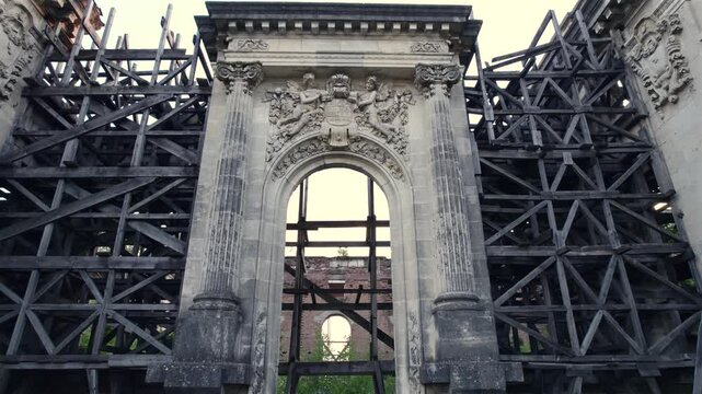 Ruins of Cantacuzino Palace, Petit Trianon of Floresti, Romania, Family crest above rear entrance, drone footage