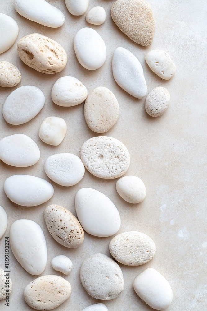 Aufkleber smooth white and beige stones are scattered on a calming beige surface, illuminated by soft natural 