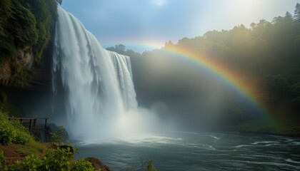 Majestic waterfall with rainbow in misty forest