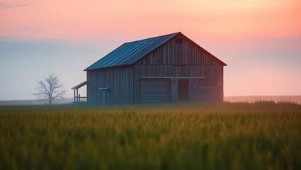 Obraz premium Lonely Farmhouse at Sunrise in a Misty Field