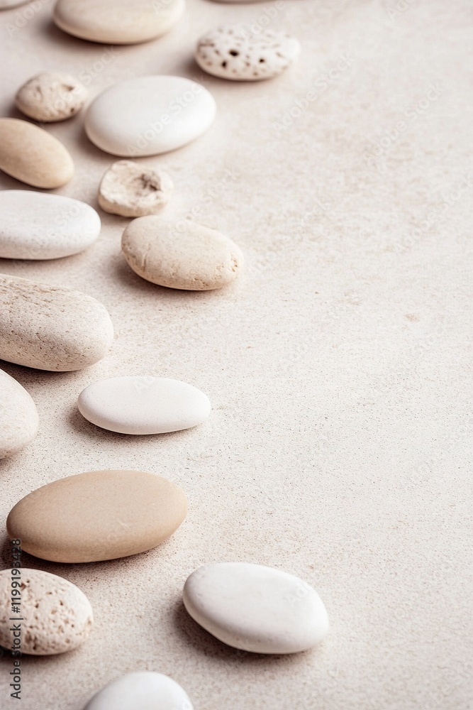 Poster smooth white and beige pebbles are scattered across a matte beige surface, illuminated by soft natur