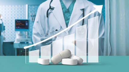 A few supplement tablets with a clear rising graph, illustrating the increasing healthcare costs. 