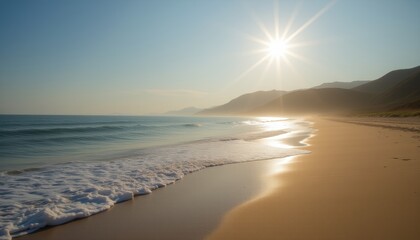 Obraz premium Golden sunset over peaceful sandy beach