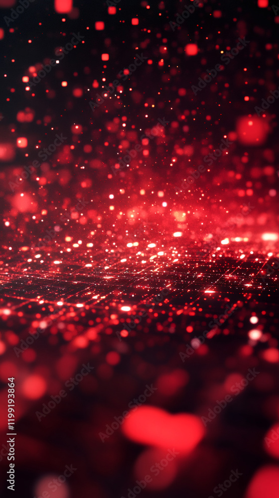 Poster glittering red particles cascading, sparkling against dark backdrop, generating festive, romantic mo