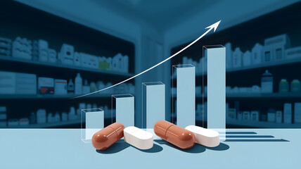A few supplement tablets with a clear rising graph, illustrating the increasing healthcare costs. 