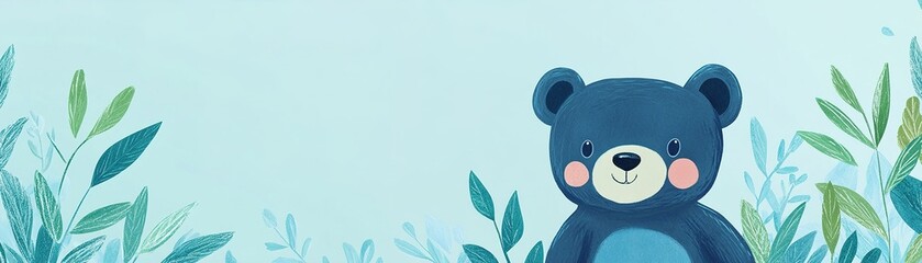 Fototapeta premium Bright and cheerful baby bear illustration set against a pastel blue background. Surrounded by soft green leaves, this design provides ample space for text overlay, perfect for playful themes