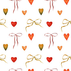 Cotton fabric Hand drawn watercolor seamless pattern with red hearts and decorative bows. Soft red, orange, and green tones. romantic and elegant. Ideal for textiles, gift wrap, wallpaper, stationery, invitations