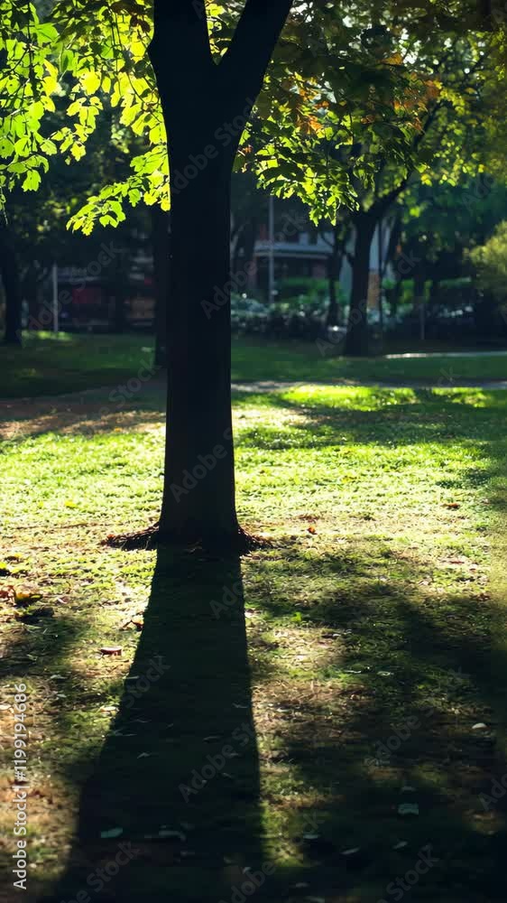Poster sunlight filters through leaves creating shadows on green grass in a serene park setting during midd