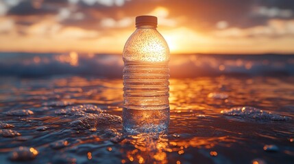Water bottle in ocean at sunset.