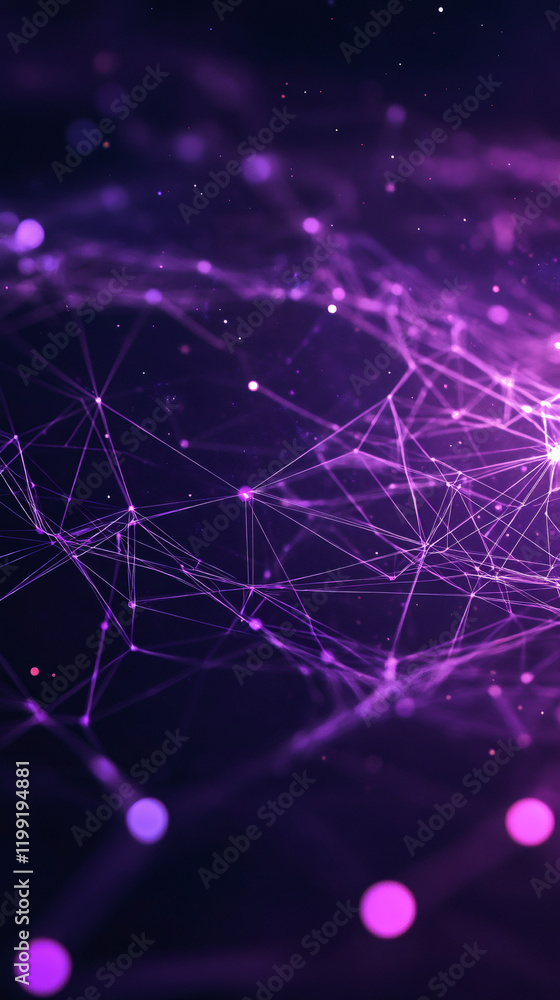 Poster purple digital network mesh connects dots with lines, forming a grid in a technological and futurist
