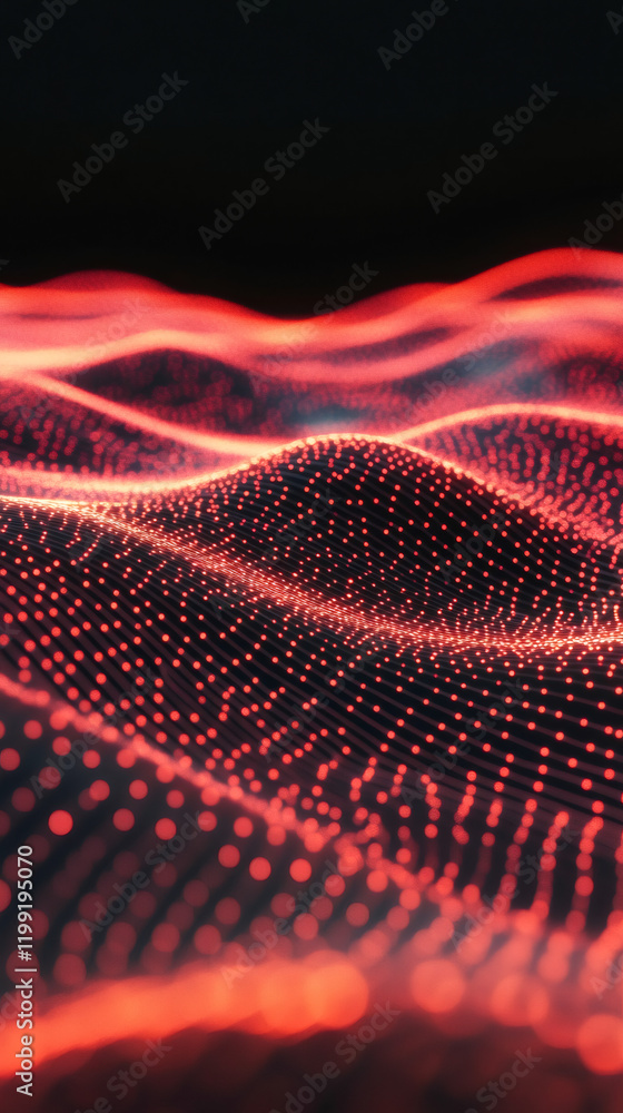 Poster abstract digital wave of glowing red particles flowing on a black background, creating a futuristic 