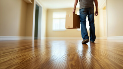 With casual ease, a man steps into his new apartment carrying a cardboard box, the clean and inviting atmosphere amplifying his happiness.