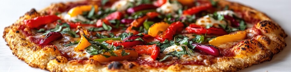 Delicious pizza topped with colorful bell peppers, fresh herbs,