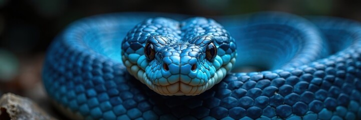 Blue viper snake portrait, intricate facial features, wild, serpent