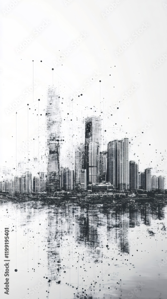 Poster monochrome urban skyline mirroring digital network nodes on rippling surface, symbolizing interconne