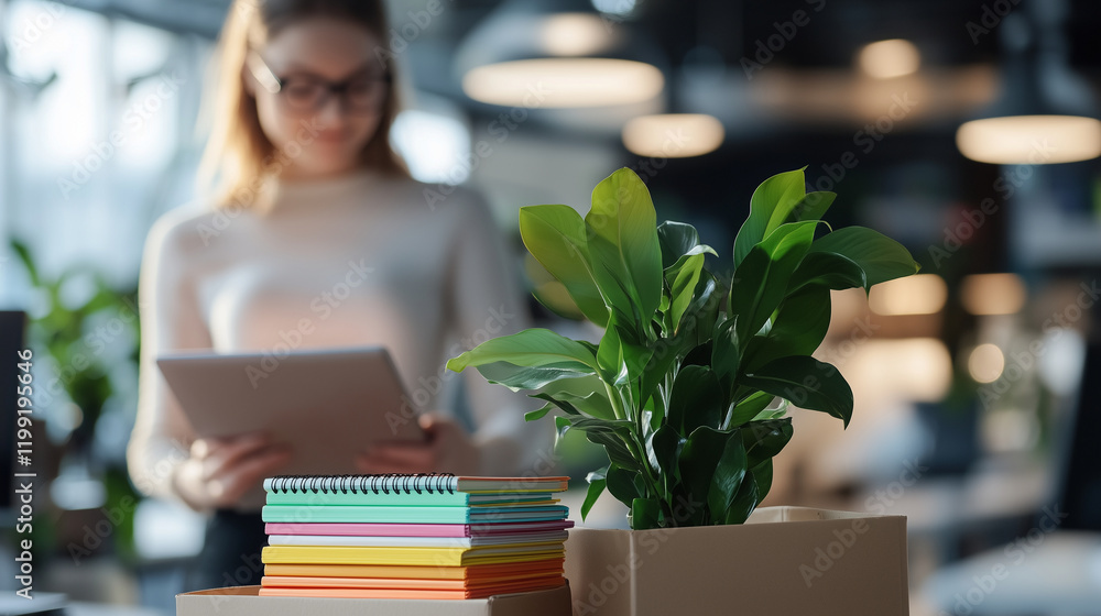 Poster an employee in a stylish workspace sets down a stack of colorful notebooks and a leafy plant into a 