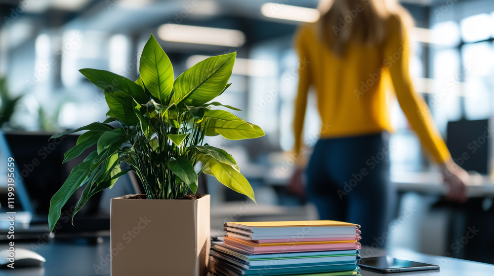 Poster an employee in a stylish workspace sets down a stack of colorful notebooks and a leafy plant into a 