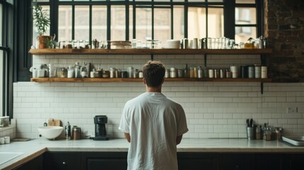 Fototapeta premium Man standing in minimalist kitchen with shelves filled with supplies, facing window.