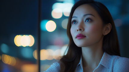 Fototapeta premium Asian professional woman in evening city light. Ideal for corporate success, urban professional, or business excellence.