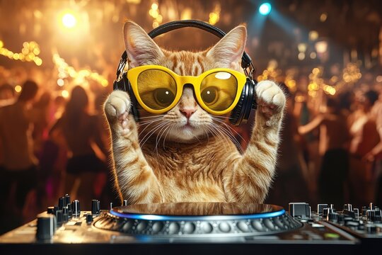 Cat DJ entertains a lively crowd at a vibrant party with catchy tunes and energetic vibes
