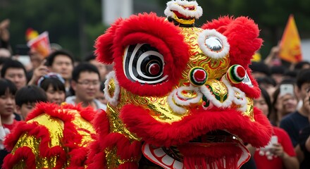Obraz premium Vibrant Red and Gold Lion Dancer Costume with Festive Crowd Backdrop