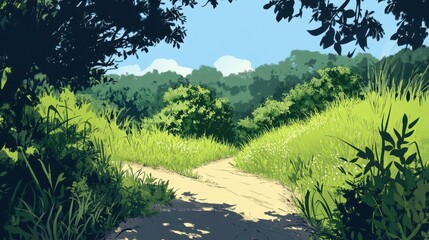 Serene Forest Path Divides Lush Green Meadow