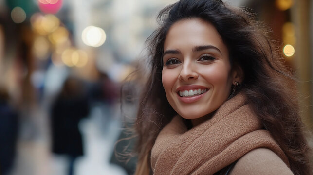 Young woman in camel coat with natural smile. Perfect for urban fashion, winter style, or authentic happiness.