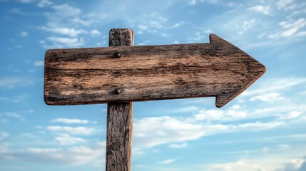 Fototapeta premium Wooden arrow signpost pointing right under blue sky outdoor environment scenic view