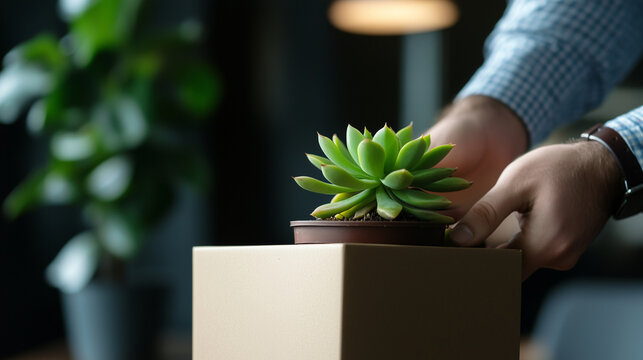 A departing worker places a small potted succulent and a leather-bound notebook into a box, the bustling energy of the office contrasting with their calm demeanor.