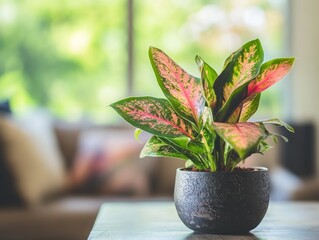 Close-up shot of a vibrant aglaonema plant in a black pot on a table indoors