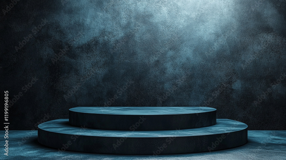 Poster elevated circular platform with dramatic lighting in a darkened room for performance or display
