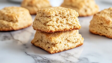 Fluffy, golden-brown biscuits stacked on marble surface, invitin