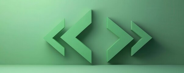 Fototapeta premium A minimalistic green background features stylized arrows pointing in opposite directions, creating a modern and dynamic visual effect.