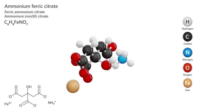 Ammonium Ferric Citrate. E381. Animated 3D model of a molecule. Molecular formula: C6H8FeNO7. Chemical model: Ball and sticks. White background. 3D rendering. Seamless loop.